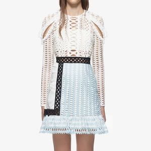 Self Portrait cutout white/blue lace dress.